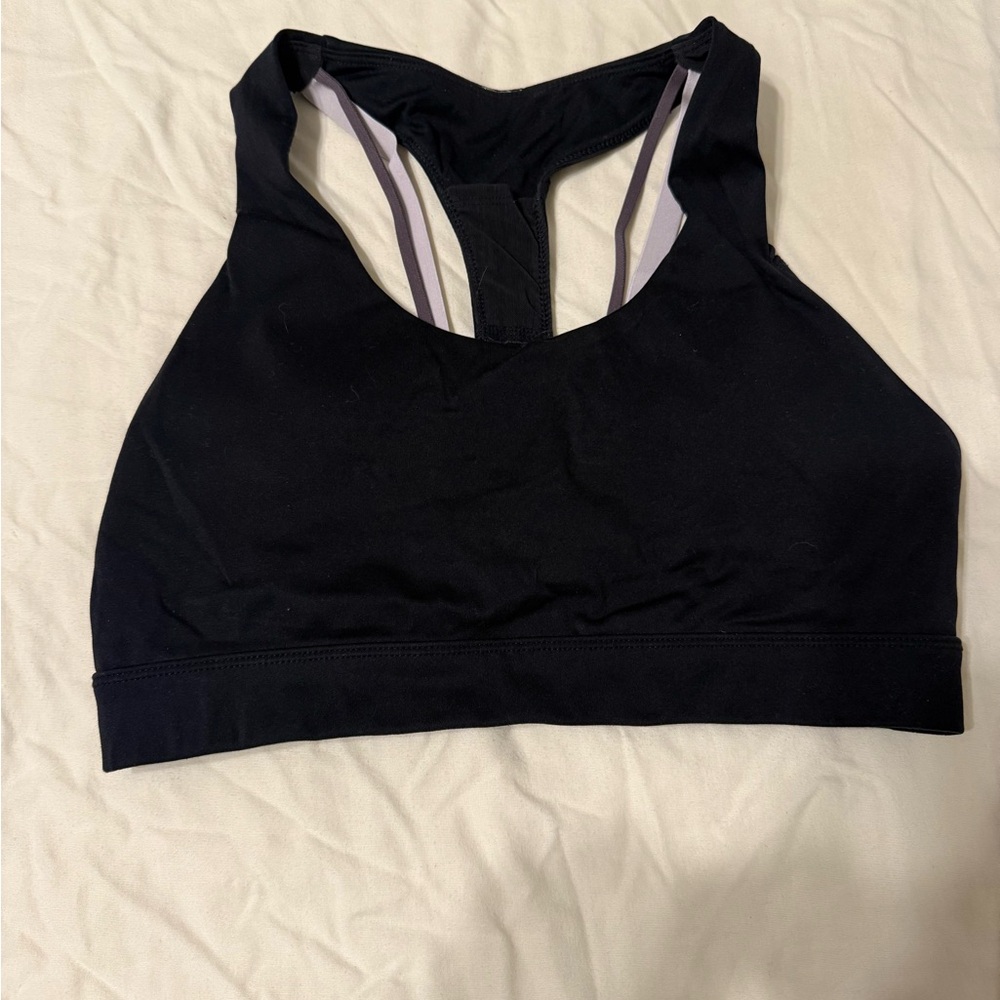 Fabletics Black Racerback Sports Bra with Lilac Straps